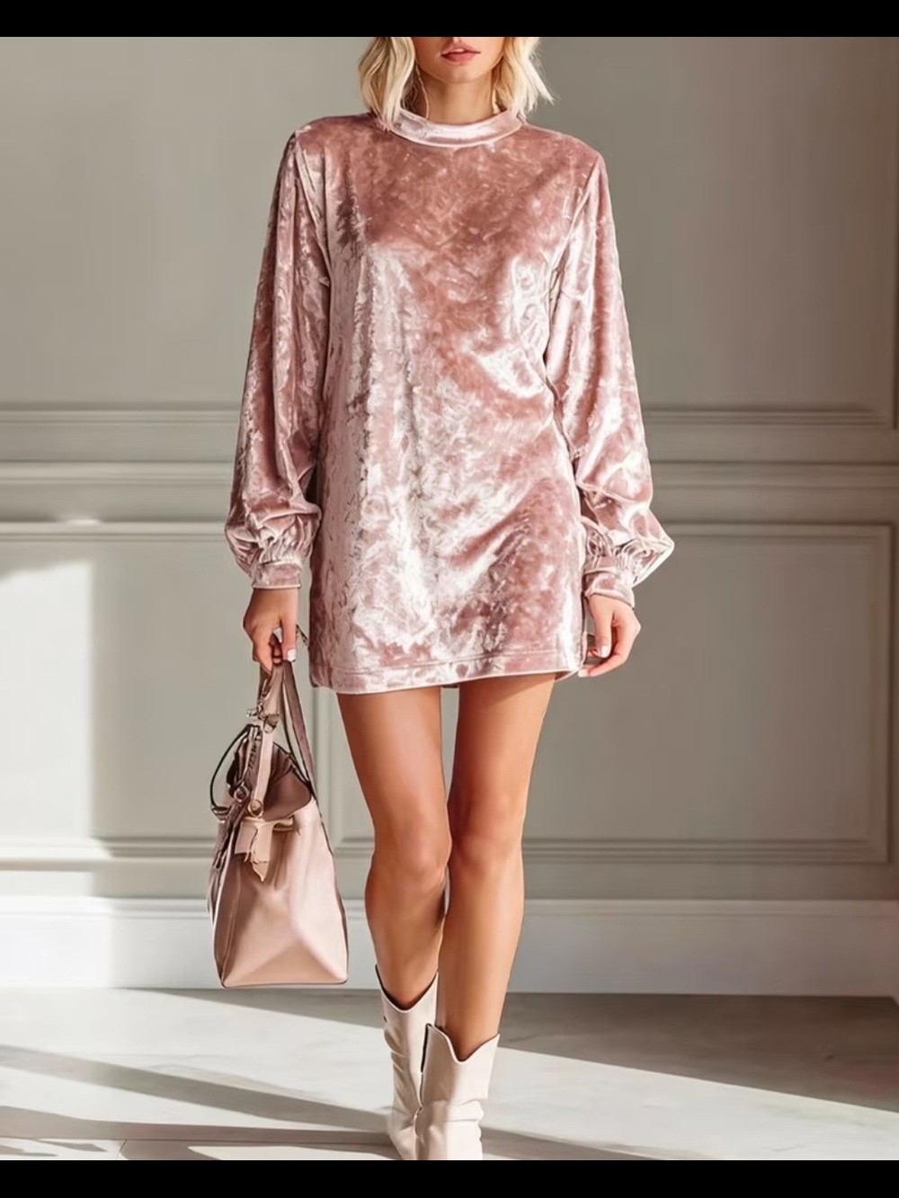 Velvet Long Sleeve Mini Dress in Blush Pink, Sz L, NWOT